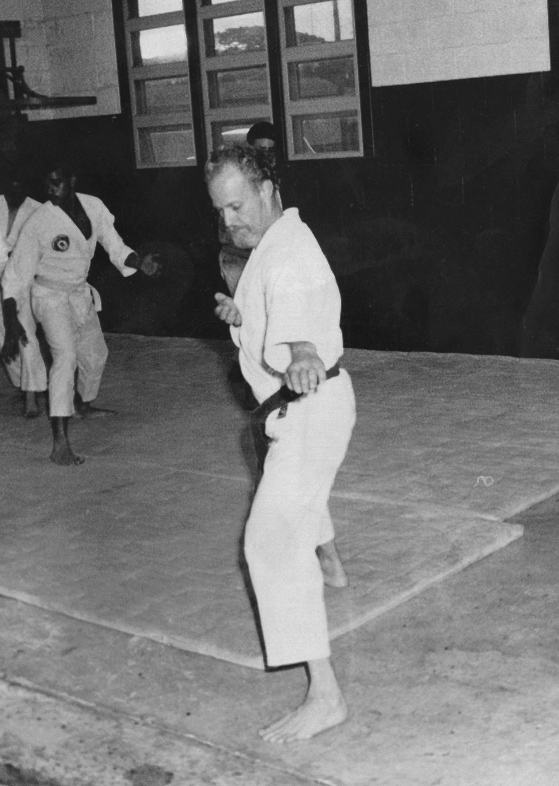 Arthur Beverford, Mr. Bee, executing a spearhand in dojo