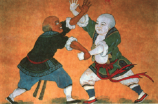 tapestry of shaolin monks sparring in China